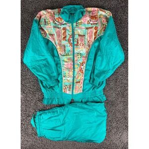 Vintage 80s Casual Isle Teal Nylon Track Suit 2 Piece Set Jacket Pants Large